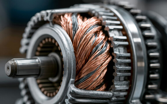 A close-up view of a motor stator with copper windings and metal casing