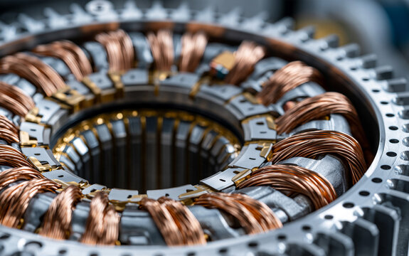 A close-up view of a motor stator with copper windings and metal casing