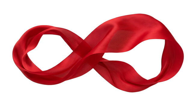 Red silk ribbon shaped as an infinity symbol isolated on transparent background with silk loop