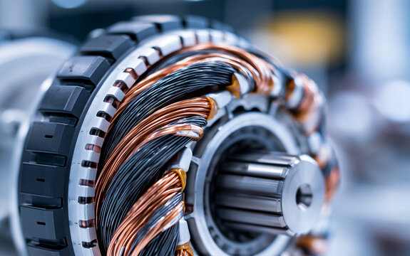 A close-up view of a motor stator with copper windings and metal casing