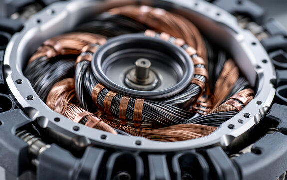 A close-up view of a motor stator with copper windings and metal casing