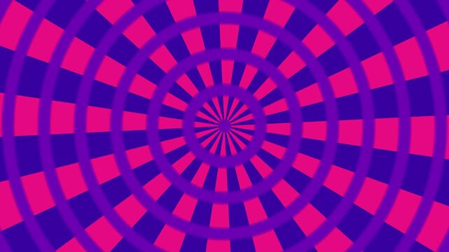 Hypnotic Rotating Optical Illusion With Pink and Blue Sunburst and Concentric Circles Pattern