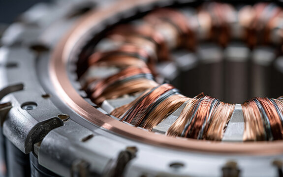 A close-up view of a motor stator with copper windings and metal casing