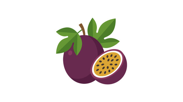 Passion fruit illustration with a halved fruit revealing its seeds
