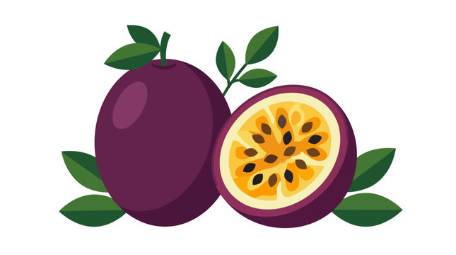 Passion fruit with sliced half and green leaves vector illustration