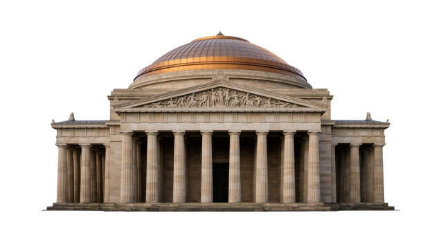 Neoclassical stone building with Doric columns and a copper dome, isolated on transparent background