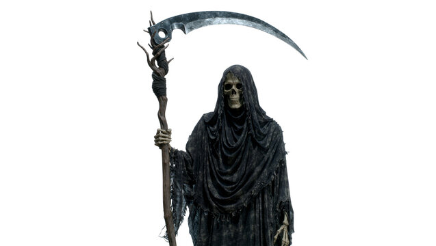 Grim Reaper holding a scythe with a skeletal hand, isolated on transparent background