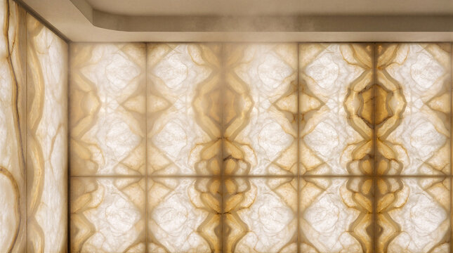 Twilight ambiance glowing across a full height wall of backlit honey and cream onyx in a luxury spa