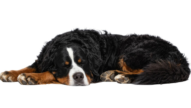 Bernese Mountain Dog sleeping peacefully, isolated on transparent background
