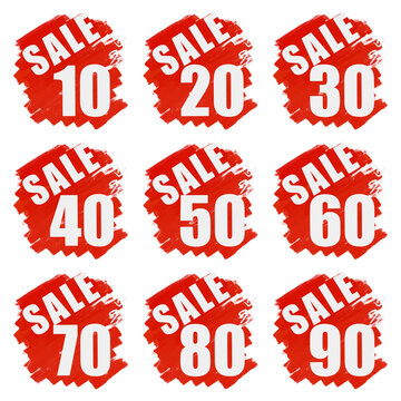 Black Friday sale badge set, 10 to 90 percent off discount stickers on red brush strokes