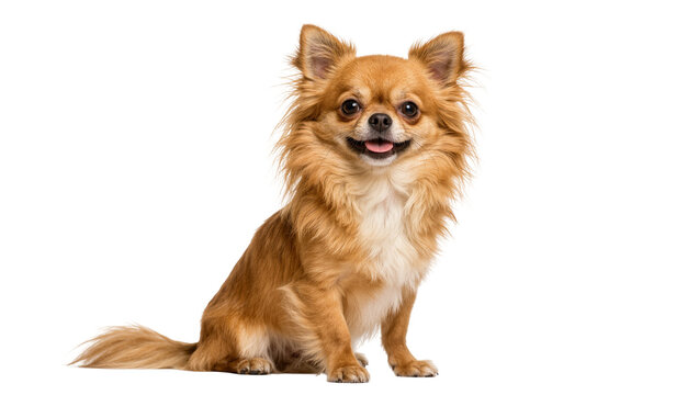 Long-haired chihuahua dog with tan fur, sitting happily isolated on transparent background