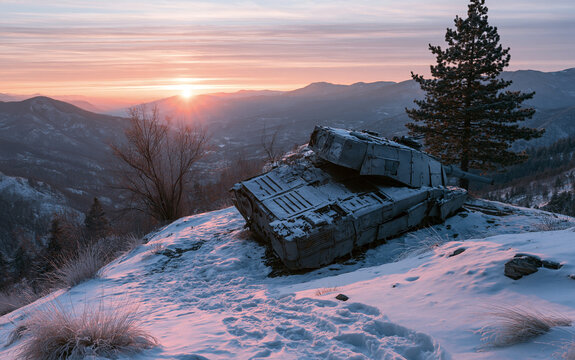 Overturned military tank on snowy mountain at sunset with snow and tree, landscape, war concept.