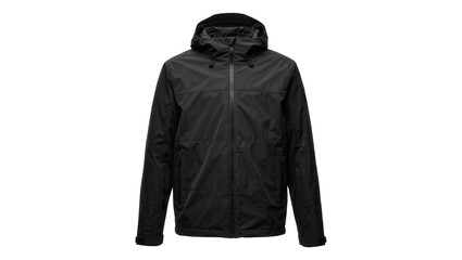 Black hooded waterproof jacket with zipper and pockets, isolated on transparent background © Alexander