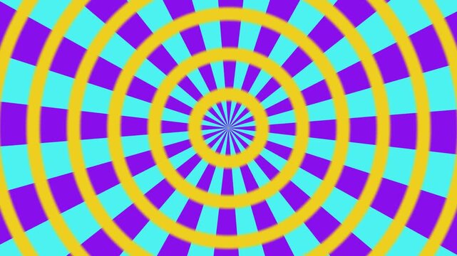 Abstract Optical Illusion With Rotating Purple and Cyan Rays and Concentric Yellow Rings Motion Background