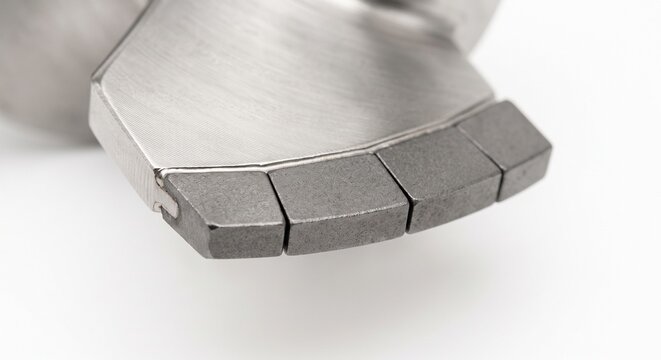 Stainless steel decanter centrifuge scroll flight with tungsten carbide wear tiles. Heavy duty auger blade for liquid-solid separation. Macro industrial hardware on white background.