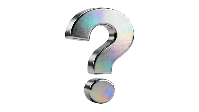 Metallic question mark symbol with holographic sheen, isolated on transparent background