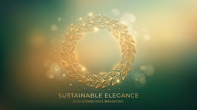 Floral wreath design with gold leaves on soft green background