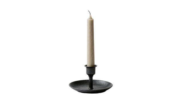 Tall beige candle in a dark metal candlestick holder, isolated on transparent background