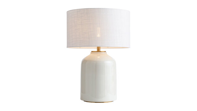 Cream ceramic table lamp with linen shade, isolated on transparent background