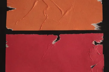 Black, white, orange,red, brown Crumble wrinkled paper pieces patch collage. Art Poster wall. Abstract grunge dirty texture contrast background. © Liliia