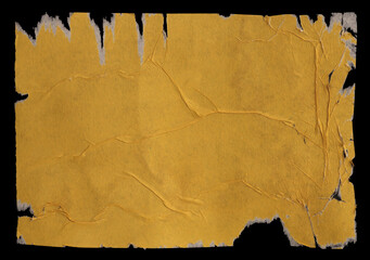 Fototapeta na wymiar Yellow Crumble ragged wrinkled paper pieces patch collage. Art Poster wall. Abstract grunge dirty texture black background.