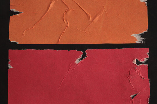 Black, white, orange,red, brown Crumble wrinkled paper pieces patch collage. Art Poster wall. Abstract grunge dirty texture contrast background.
