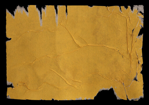 Yellow Crumble ragged wrinkled paper pieces patch collage. Art Poster wall. Abstract grunge dirty texture black background.