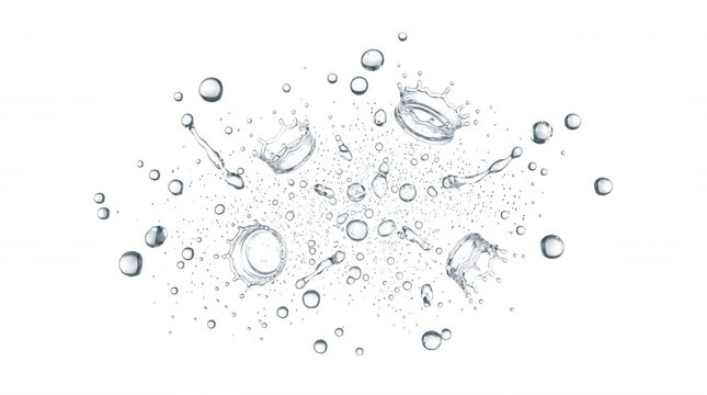 Dynamic water splashes and droplets in motion isolated on a transparent background