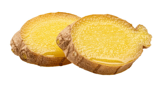 Two fresh ginger slices with golden yellow flesh, isolated on transparent background