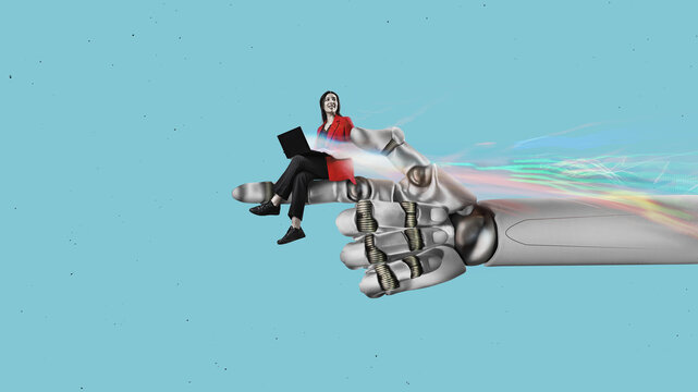 Signpost - a cyber AI hand shows the business woman with lapetope where to go. Find information with the help of artificial intelligence.