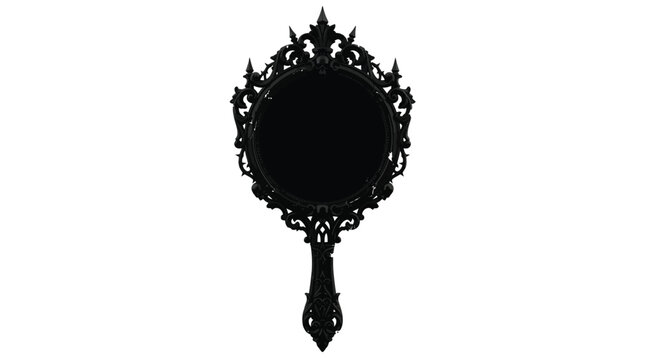 Ornate black gothic hand mirror with intricate carvings and dark vintage aesthetic on white isolated background