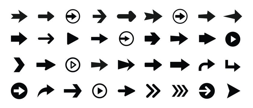 Arrow icon set. Mega vector arrow icons. Collection of arrow signs.  Simple arrows. Black arrow pointing to the right. Vector illustration	
