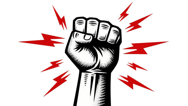 Fist raised in protest surrounded by red lightning bolts, isolated on transparent background
