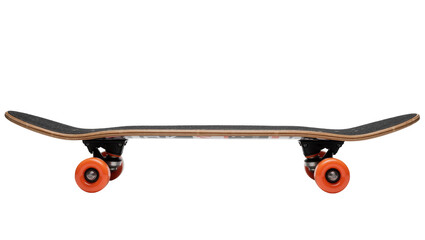 Black skateboard with orange wheels, isolated on transparent background © Alexander