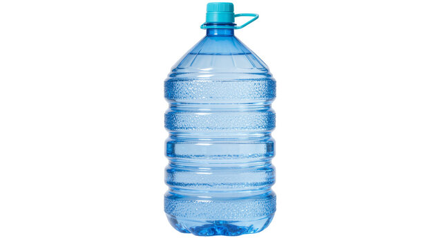 Large blue plastic water bottle with turquoise cap and handle, isolated on transparent background