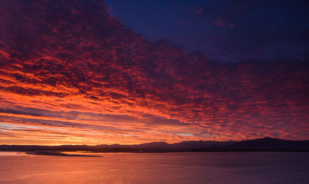 Dramatic Red Sunset Over Santander Bay and Cantabrian Mountains, Spain