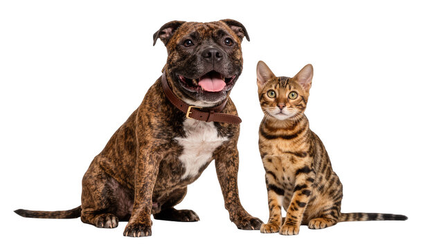 Brindle Staffordshire Bull Terrier dog and Bengal cat sitting together, isolated on transparent background
