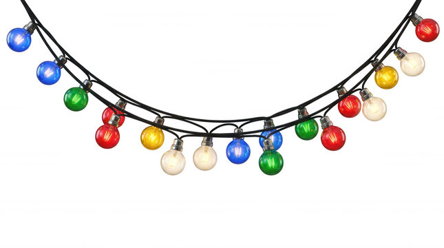 Colorful round holiday light strand with black wire isolated on a transparent background