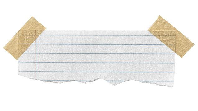 Torn lined paper note held by beige tape, isolated on transparent background