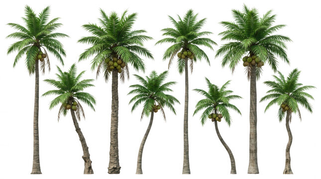 Collection of coconut palm trees with green coconuts isolated on a transparent background