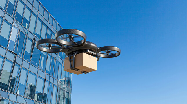 Autonomous Delivery Drone Carrying Package Near Glass Tower