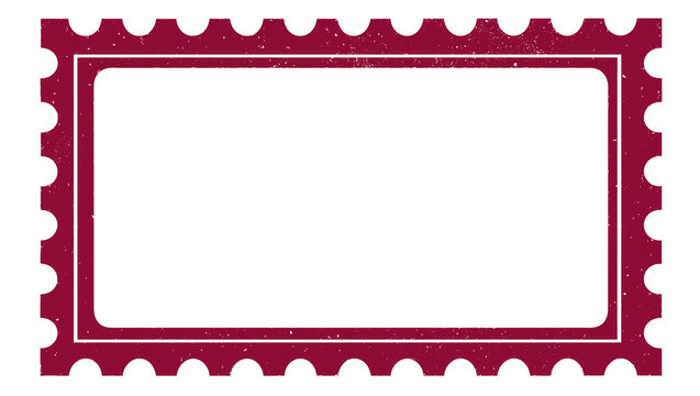 Empty maroon postage stamp frame with perforated edges, isolated on transparent background