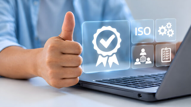 Businessman showing raised thumbs with certificate icon. Certification and standardization process, iso certified business, conformity to international standards and quality assurance warranty concept
