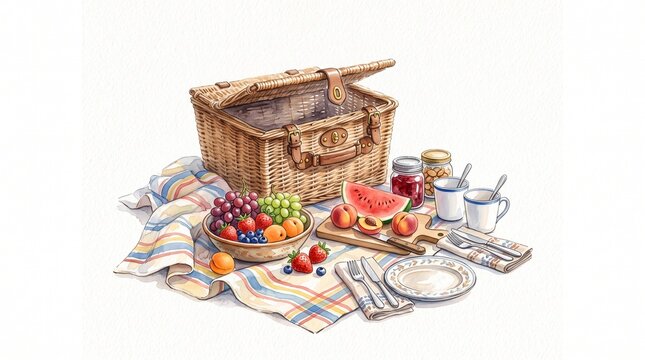 A watercolor painting of an open picnic basket filled with a colorful assortment of fruits, alongside a slice of watermelon, jars of jam, and plates, set on a checkered blanket