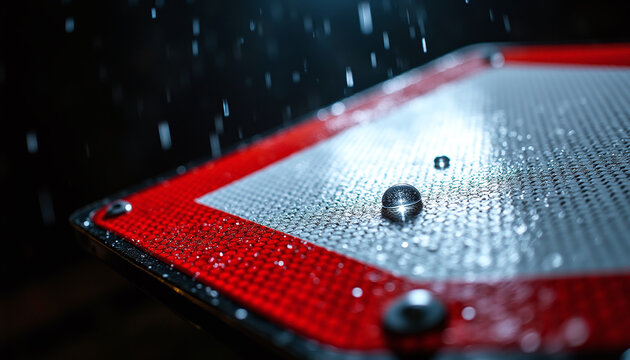 Macro texture of glowing micro-prism reflective material on a blank red and white traffic sign.