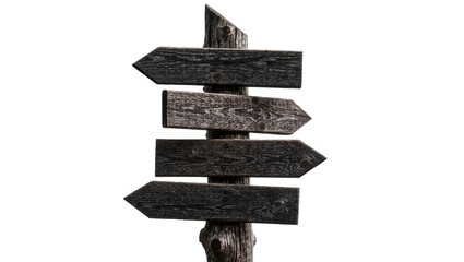 Dark weathered wooden directional signpost with four arrows, isolated on transparent background © Alexander