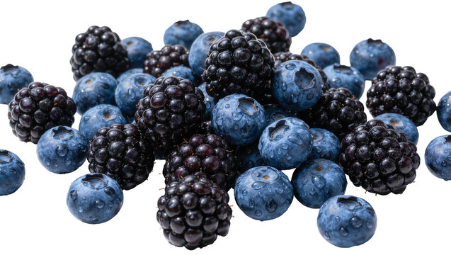 Fresh blueberries and blackberries with water droplets, isolated on transparent background