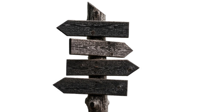 Dark weathered wooden directional signpost with four arrows, isolated on transparent background