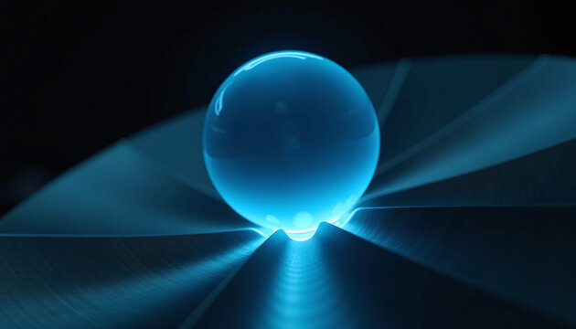 Glowing neon blue energy orb hovering over a brushed titanium turbine blade in the dark.