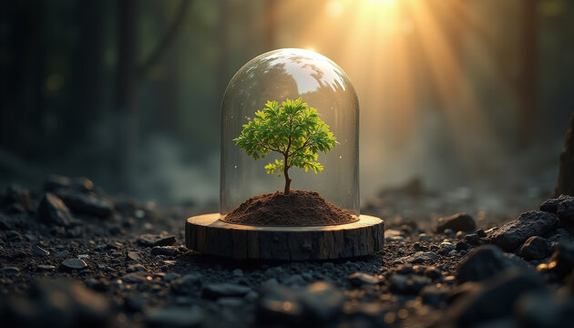 Macro of a vibrant green sapling protected inside a glass dome on scorched earth.